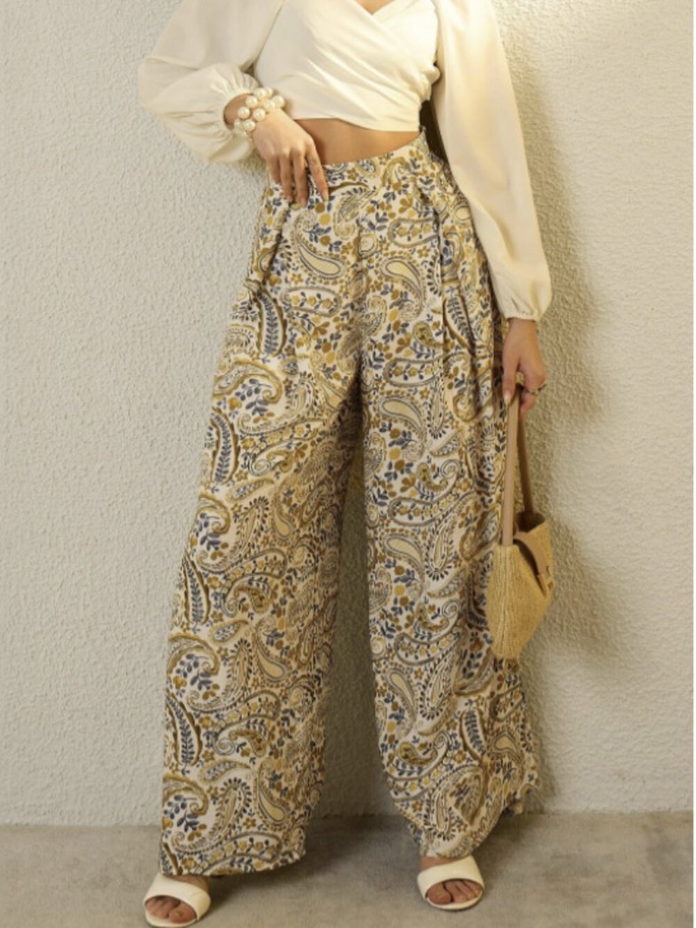 Women Mustard Paisley Printed Pleated Trousers Wide Flared